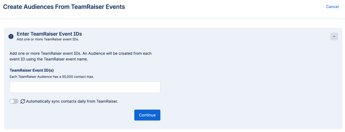 Hustle screen for creating Audiences from TeamRaiser event IDs with a toggle to automatically sync contacts daily from TeamRaiser